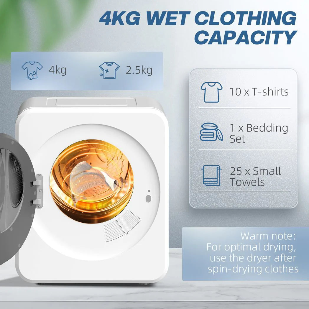 HOMCOM Vented Tumble Dryer, 4 kg Front Tumble Dryer with Stainless Steel Tub, 800W Compact Freestanding, White