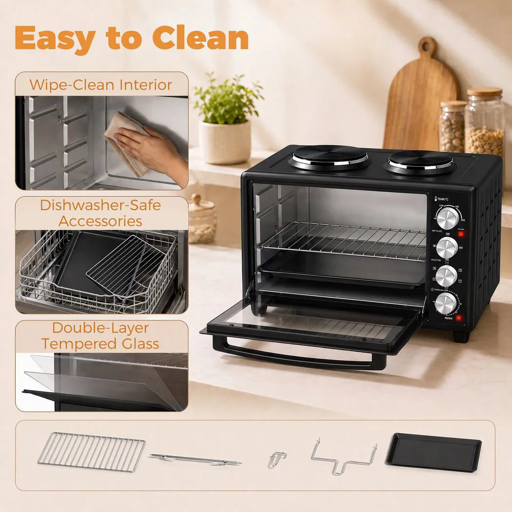 HOMCOM 36L Mini Oven with Dual Hot Plates, Electric Countertop Cooker with Convection, 90?230°C Adjustable Temperature