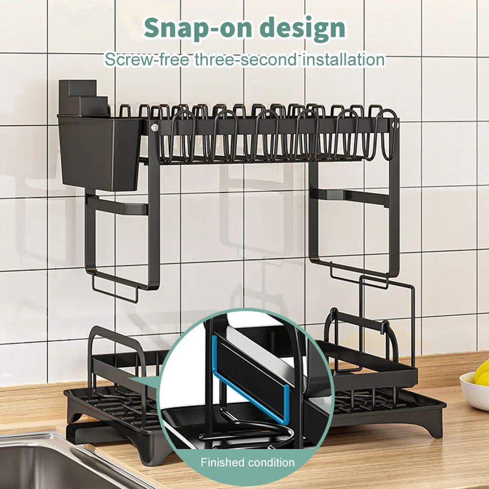 2 TIER KITCHEN SINK DISH DRAINER RACK WITH DRIP TRAY CUTLERY HOLDER PLATE RACK