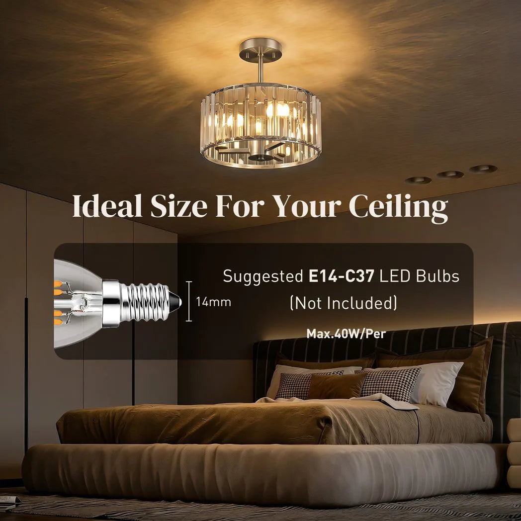 HOMCOM Semi Flush Mount Modern Crystal Chandelier Ceiling Light, Crystal Ceiling Light Fixture with E14 Base, Silver Tone