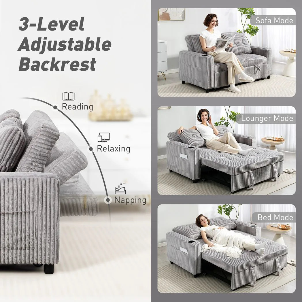 HOMCOM 2 Seater Click Clack Sofa Bed with Pull Out Design, Corduroy Upholstery - Light Grey