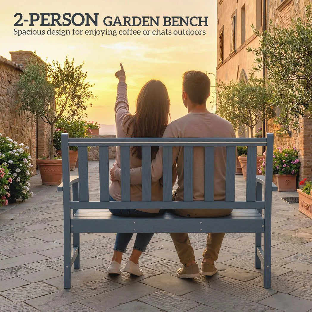 Outsunny 2 Seater Plastic Garden Bench, Outdoor Patio Bench with Armrest and Backrest, Weatherproof Outdoor Furniture for Balcony
