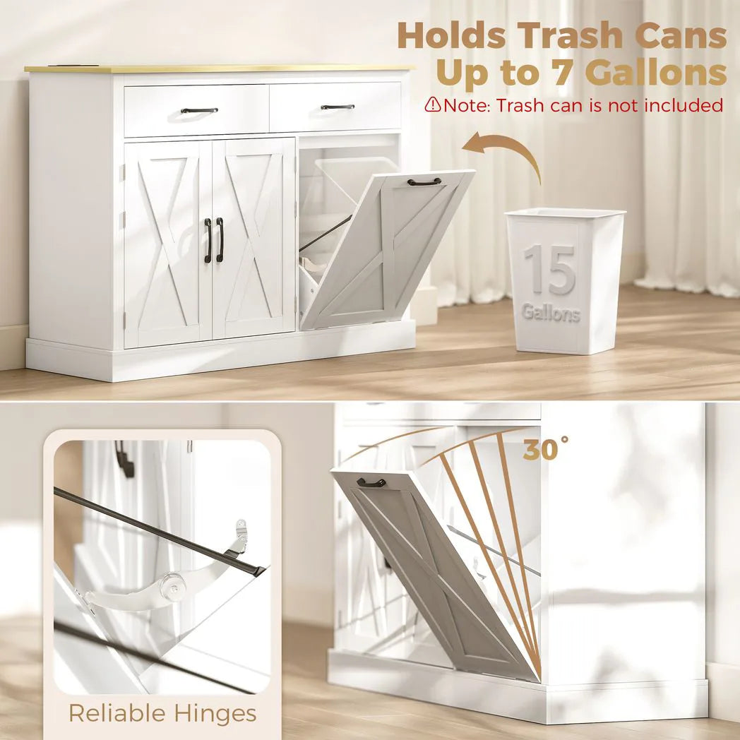 HOMCOM Tilt Out Trash Cabinet with Charging Station, Kitchen Island with Storage, 57 Liter Hidden Rubbish Bin Storage, White
