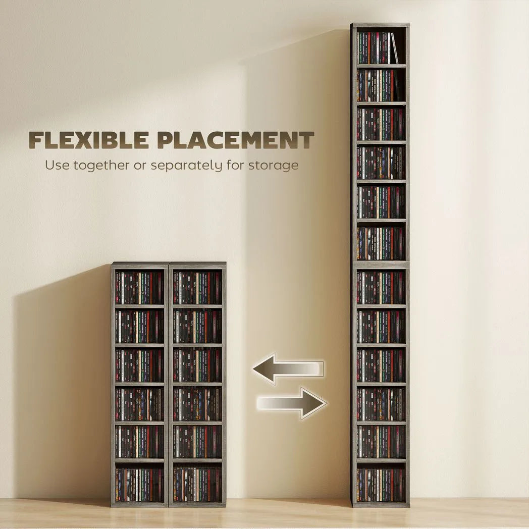 HOMCOM Set of 2 CD Media Display Shelf Unit Tower Rack with Adjustable Shelves, Distressed Grey