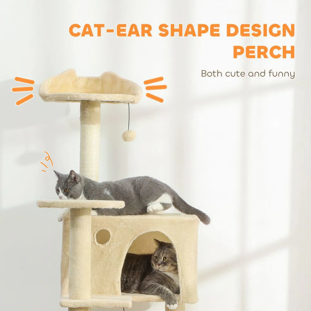 PawHut 180cm Large Cat Tree Tower with Sisal Scratching Posts, Condos, Plush Perches, Hammock, Ladder, Beige