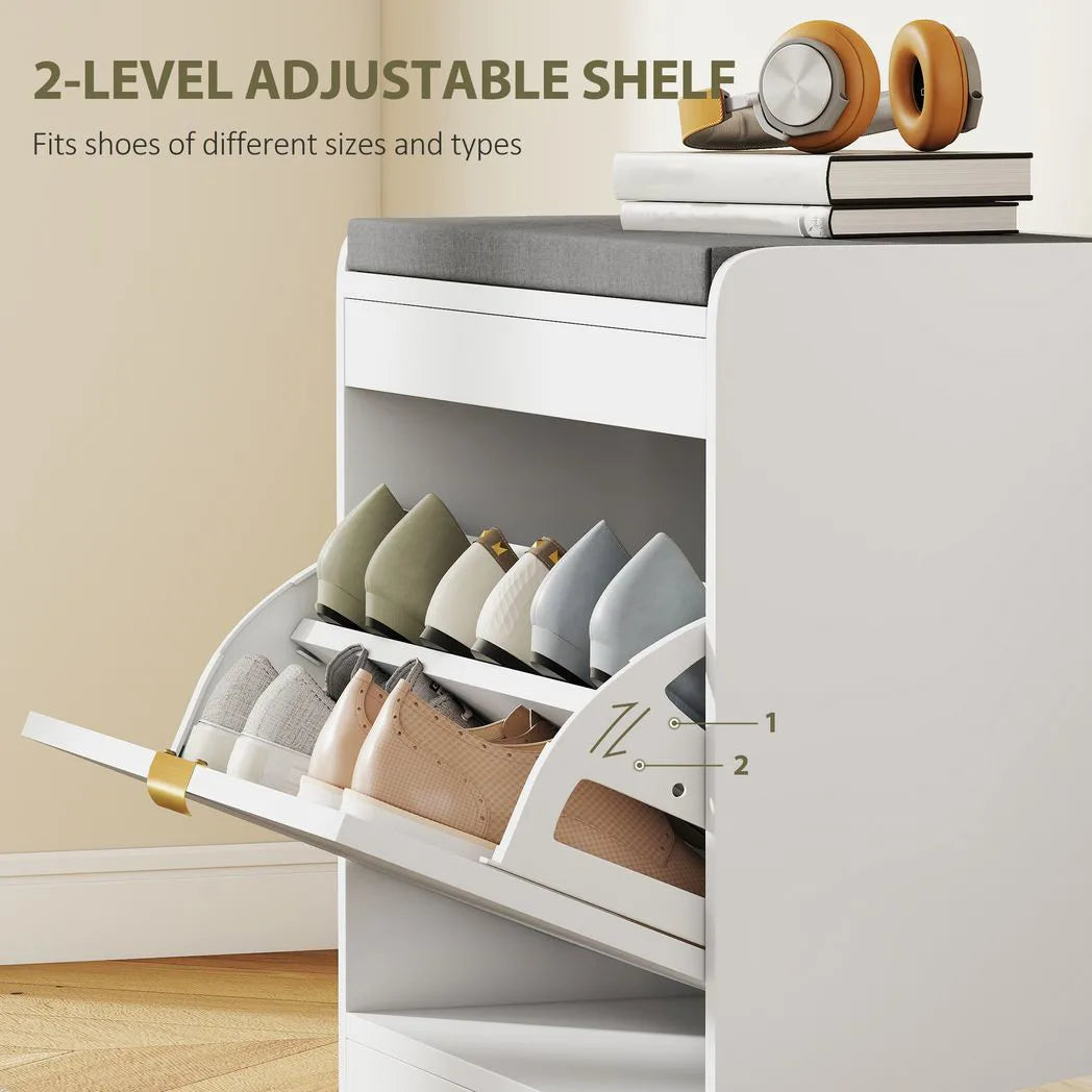 HOMCOM Shoe Storage with Seat, Upholstered Entryway Bench, Shoe Bench with 1 Flip Drawer and 4 Vents for 5 Pairs of Shoes