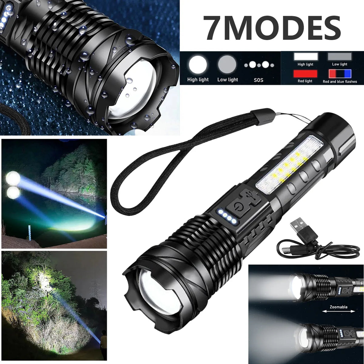 USB Rechargeable LED Flashlight Adjustable Focus Camping Hiking Outdoor Flashlight Work light (US Logistics For USPS/DHL/Fedex/UPS. No designated logistics accepted，TK/TMEU only For self-pickup）