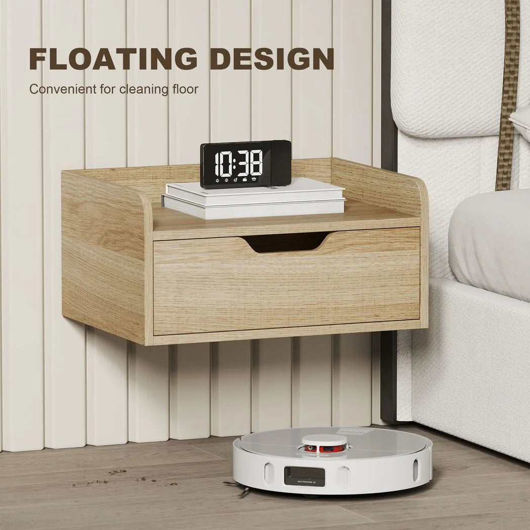 HOMCOM Floating Nightstands Set of 2, Wall Mounted Bedside Table with Drawer for Bedroom, Natural Wood