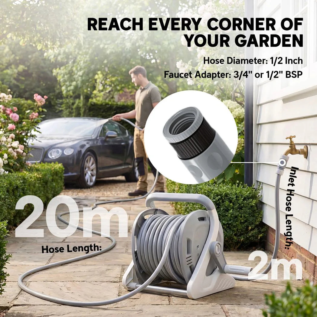 Outsunny Portable Garden Hose Reel, 20 m Wall Mounted Hose Reel with 2 Patterns Spray Nozzle and Crank Handle, Grey