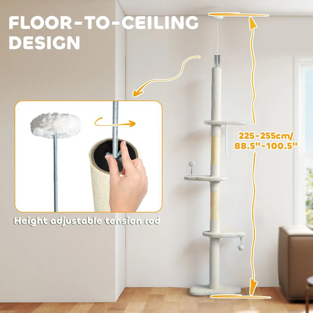PawHut 225-255 cm Adjustable Cat Climbing Tower with Sisal Scratching Posts, 2 Hanging Play Balls and Anti-Tip Strap, Beige
