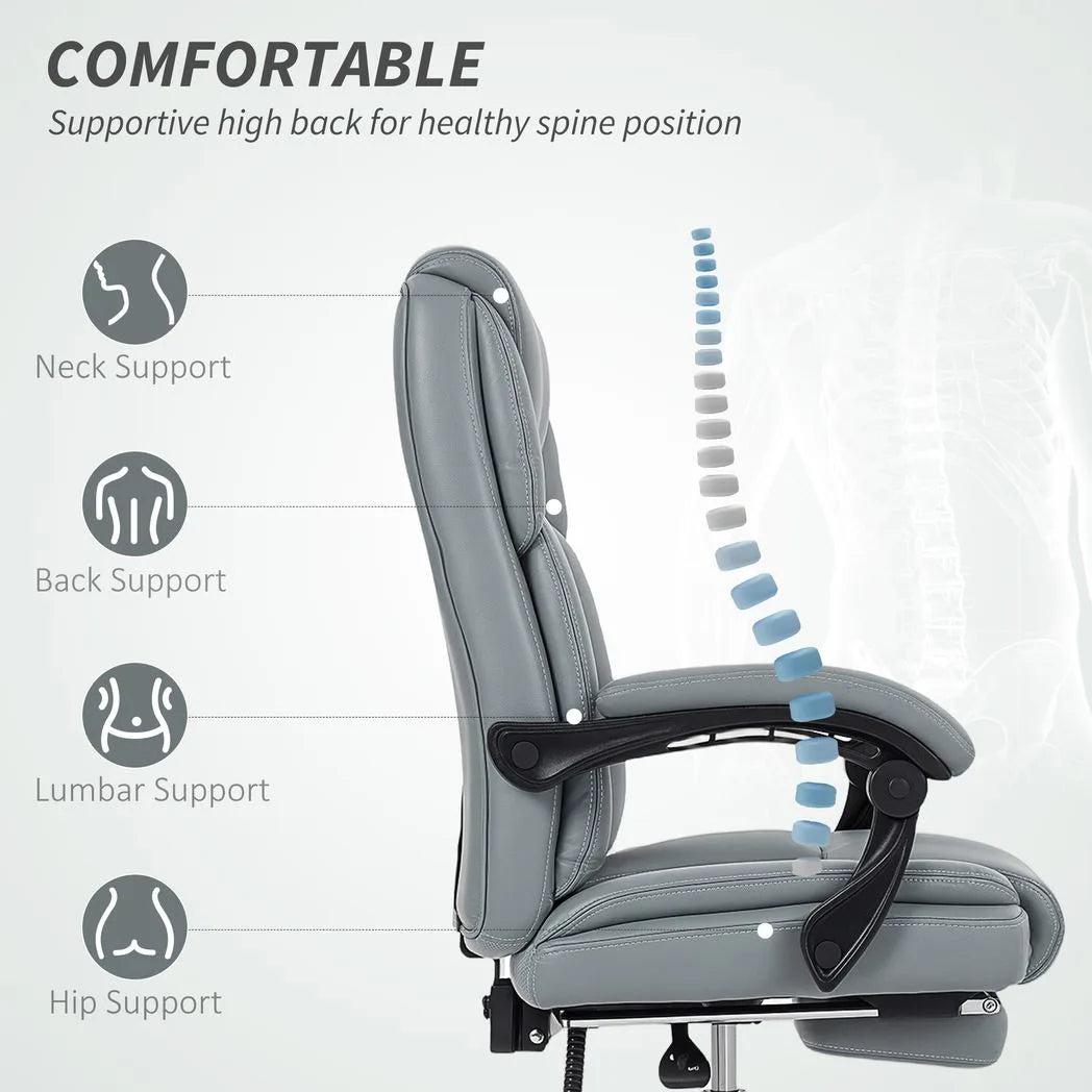 HOMCOM Faux Leather Reclining Office Chair, with Footrest - Grey