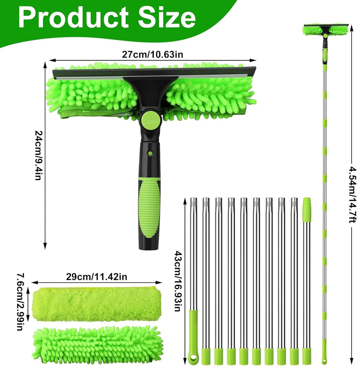 4.5M Telescopic Extendable Window Cleaner Equipment Glass Cleaning Squeegee green