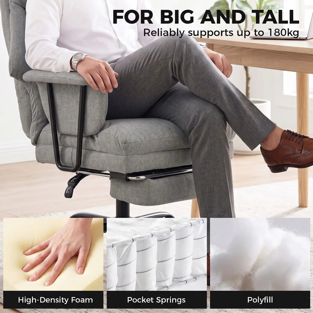 HOMCOM Office Chair, 180kg Heavy Duty Linen Computer Desk Chair with Lumbar Support, Wide Seat, Spring Cushion, Grey