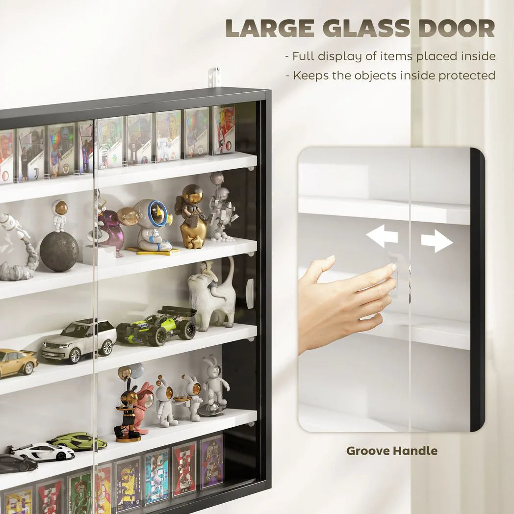 HOMCOM 5-Tier Wall Display Cabinet,  Wall Mounted Display Case w/ 4 Adjustable Shelves, Glass Doors, 60x80cm, Black and White