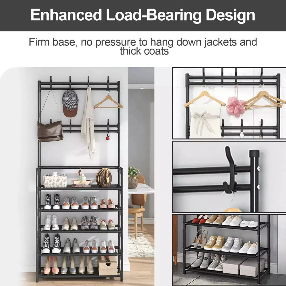 New Coat and Hat Stand 8 Hooks Metal Shoe Rack 5 Tiers Shelf Hanger Black