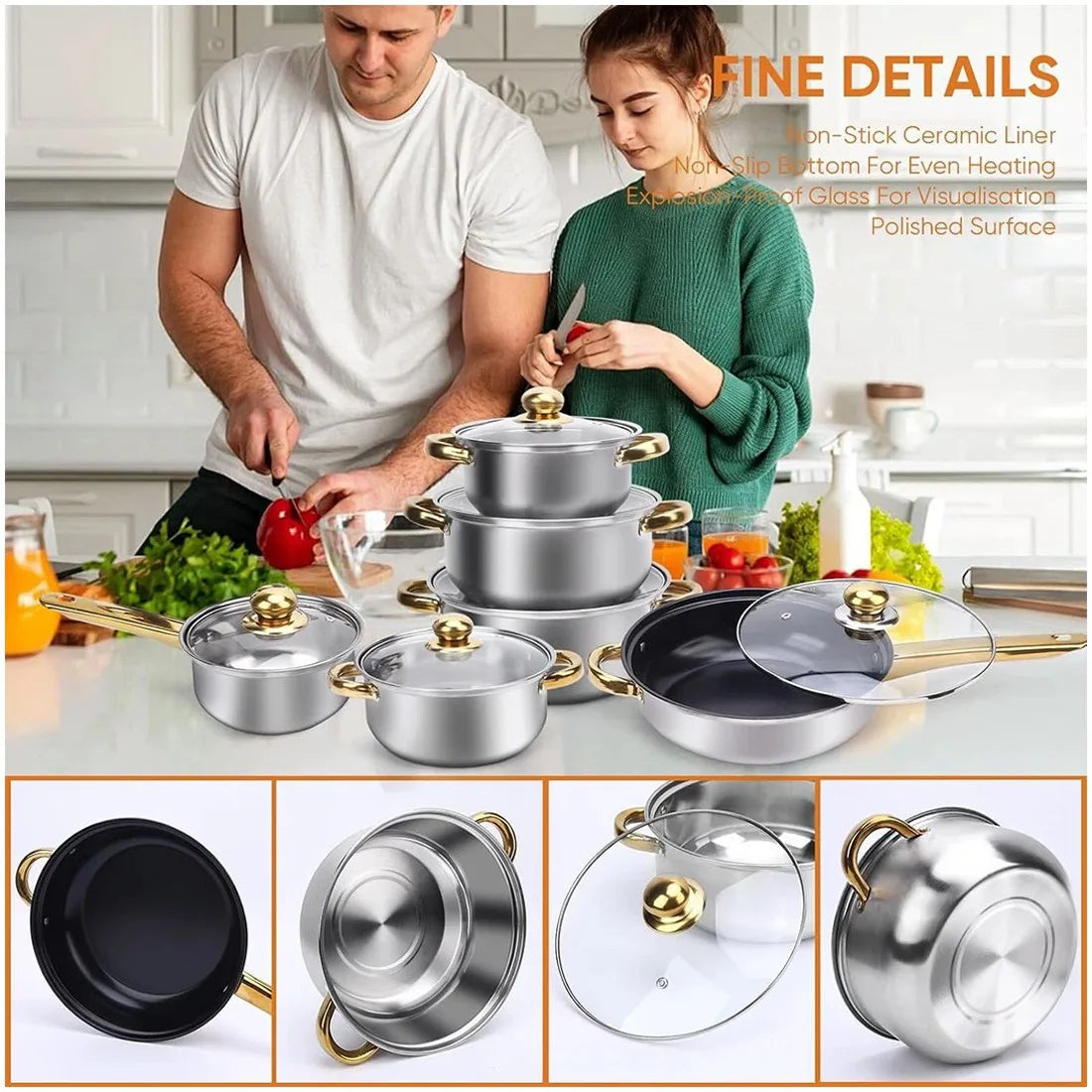 19 PCScookware set, including a non-stick saucepan, frying pan, and milk pan