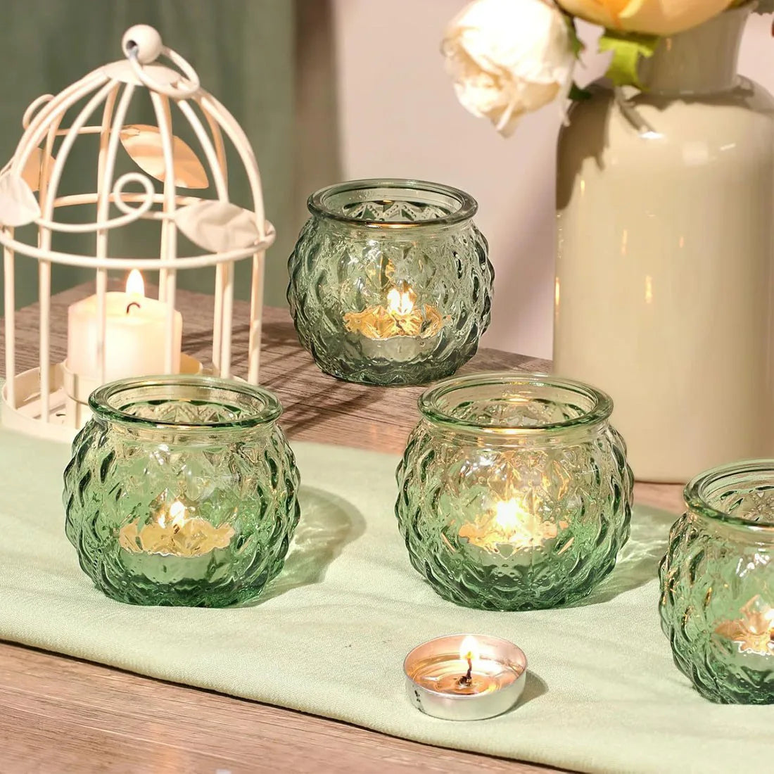 6pcs Green Glass Candle Holder Clear Glass Modern Round  Candle Holder pack