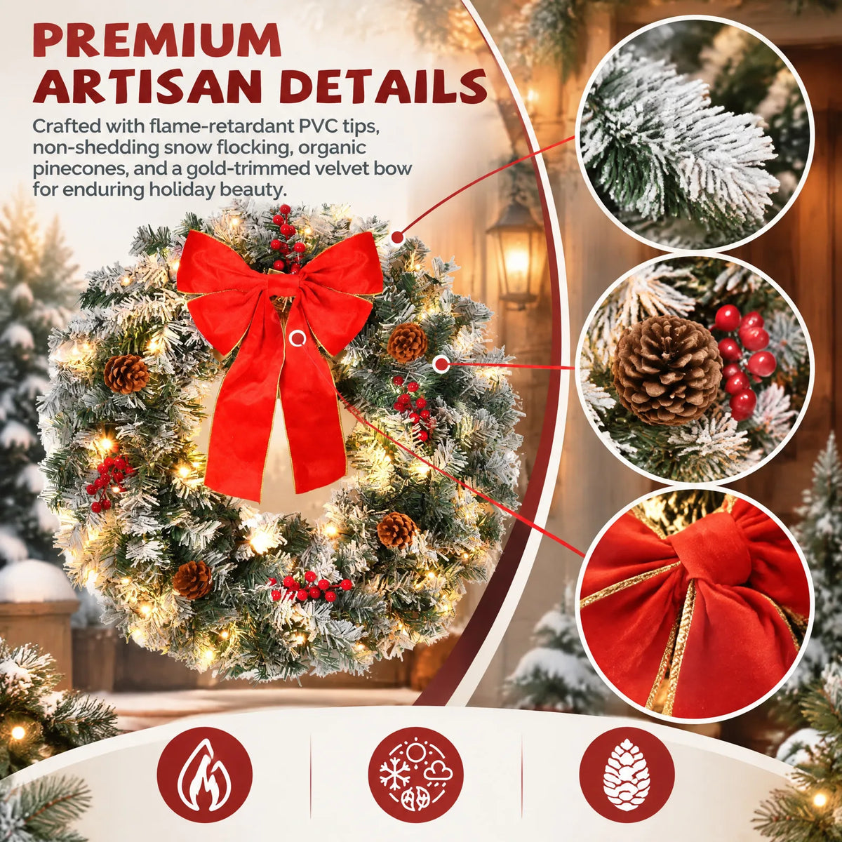 36in Pre-lit Snow Flocked Christmas Wreath, Lighted Artificial Xmas Wreath with 100 Warm Lights and 300 PVC Tips and Bow Red Berries Pine Cones, for Front Door Gate Wall Xmas Party Decorations