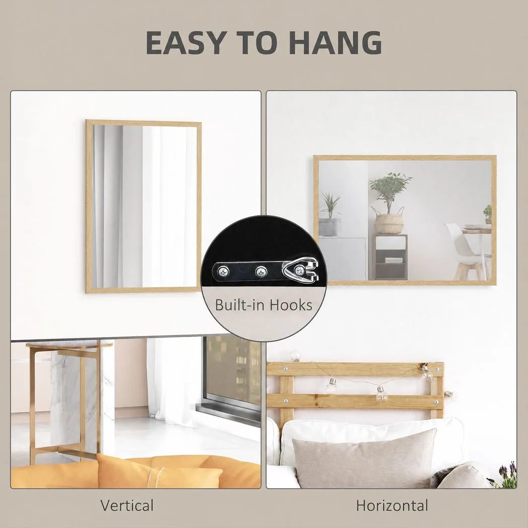 HOMCOM Wall Bathroom Mirror, 70 x 50 cm Wall-Mounted Mirror for Living Room, Bedroom, Hallway, Natural Wood