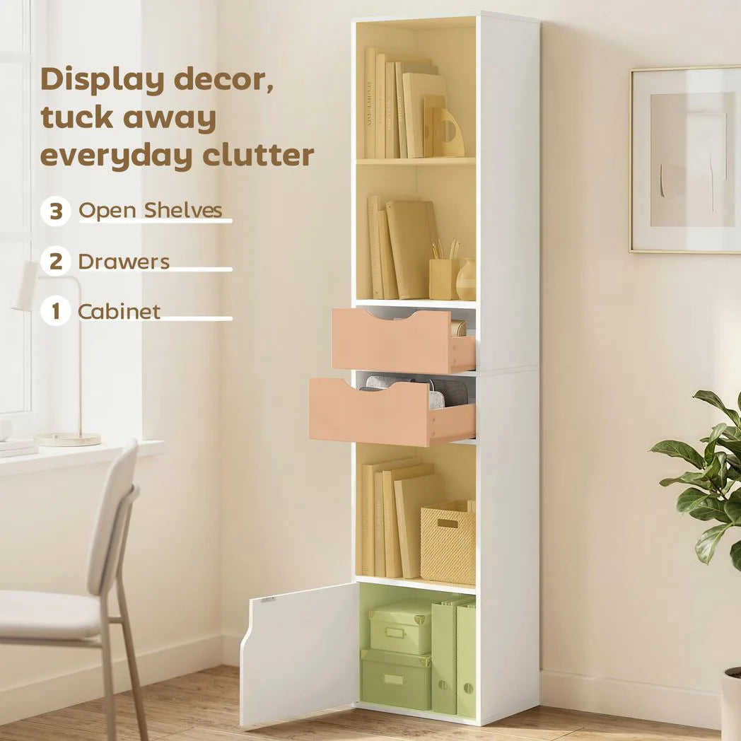 HOMCOM Bookcase with Drawers Adjustable Shelf Bookshelf with 2 Drawers and Cabinet 158 cm White