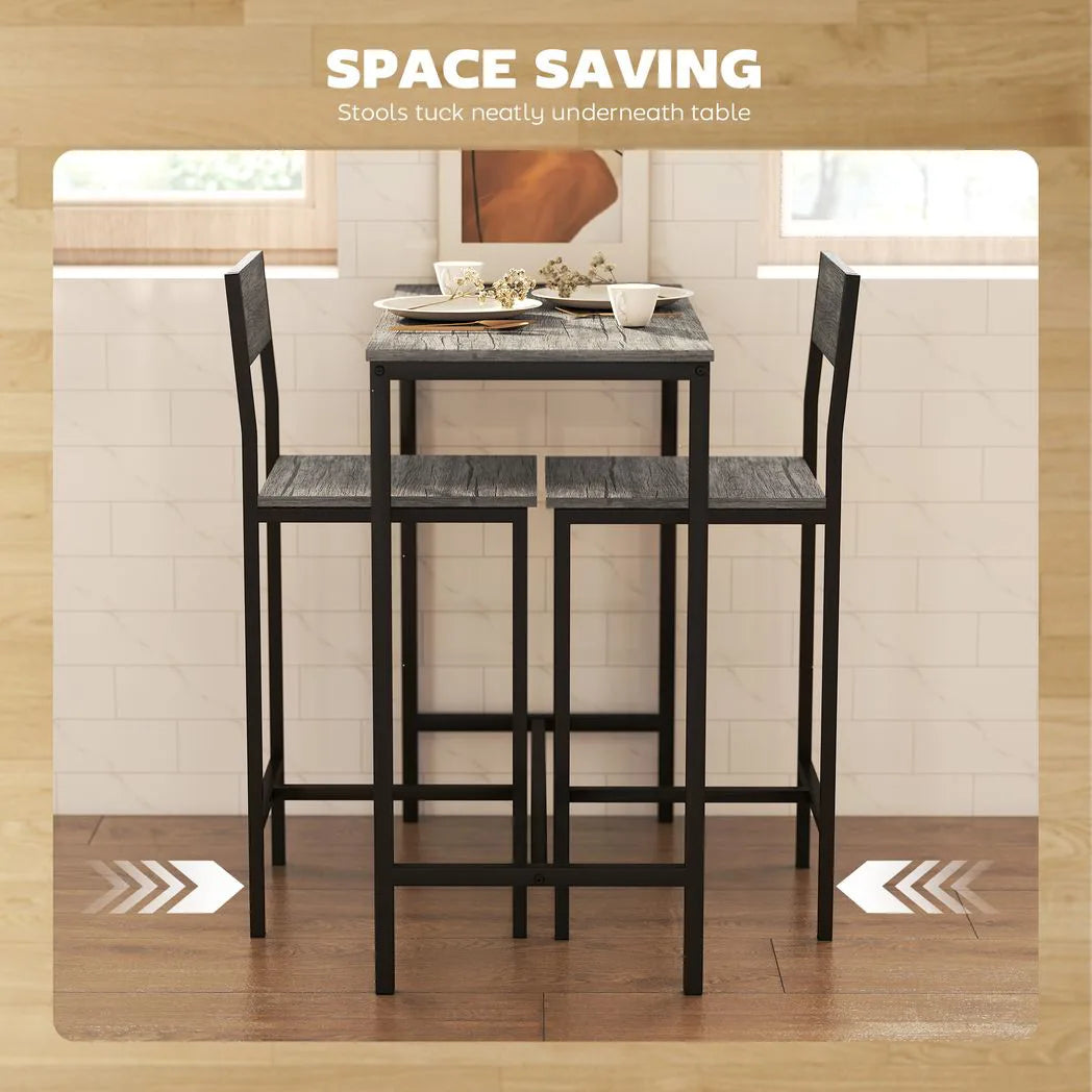 HOMCOM 3-Piece Bar Table Set with 2 Stools, Industrial Breakfast Bar Set with Footrest, Backrest for Dining Room, Small Space