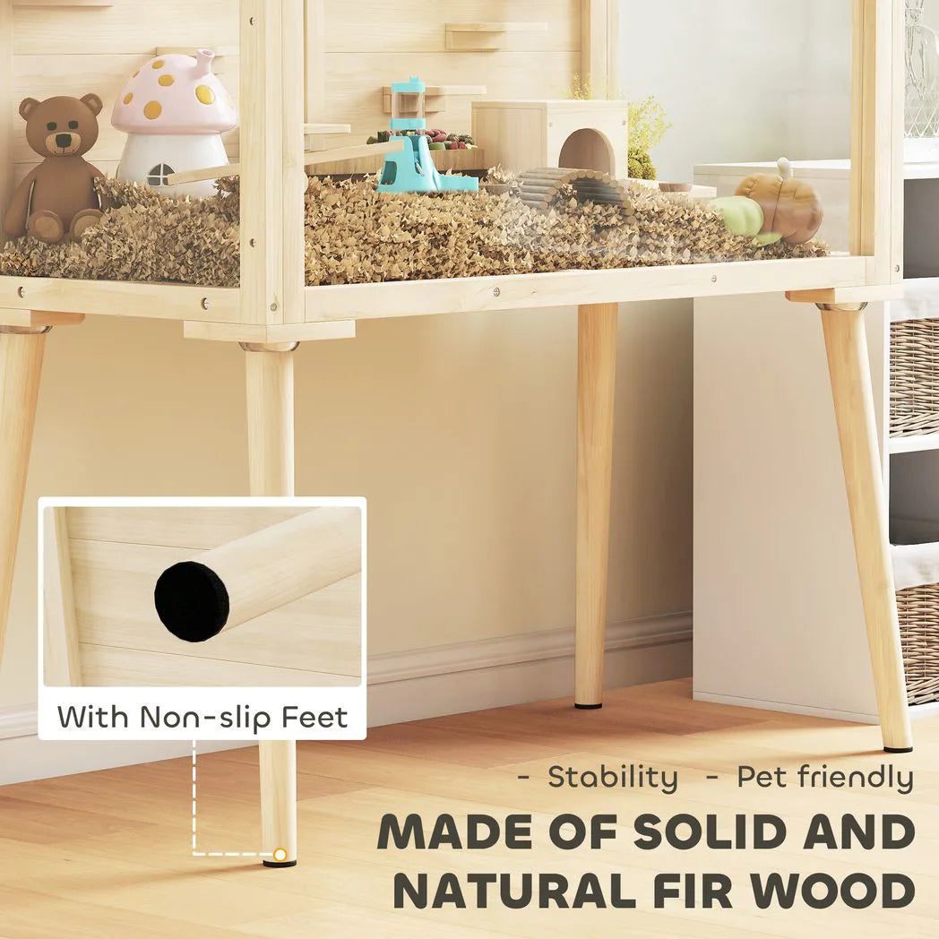 PawHut Wooden Hamster Cage, Hamster Habitat with Openable Top, Seesaws, Platforms, Water Bottle for Gerbils, 110 x 52 x 101 cm