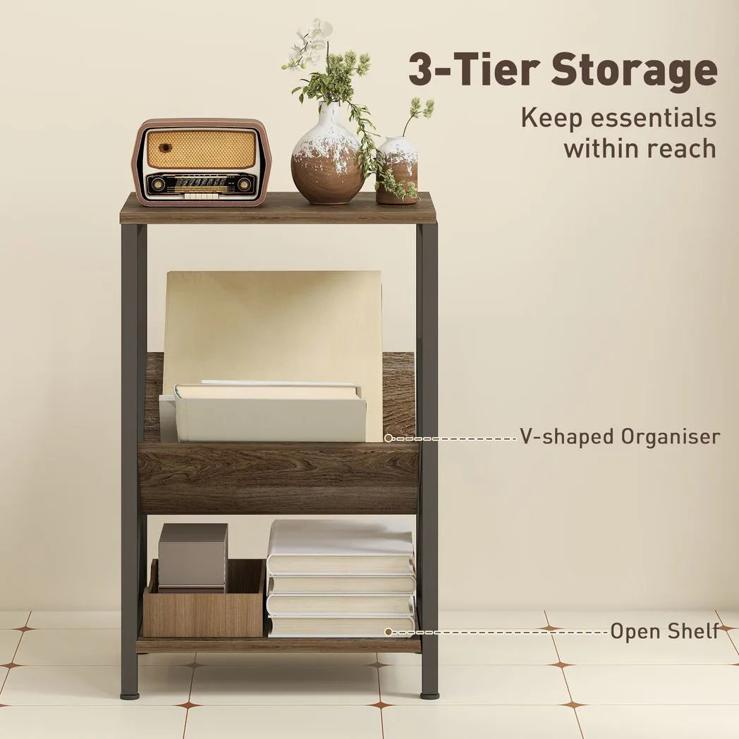 HOMCOM Narrow Side Table, End Table with 3-Tier Storage, V-Shaped Magazine Holder for Living Room, Bedroom, 40 x 30 x 61cm, Oak