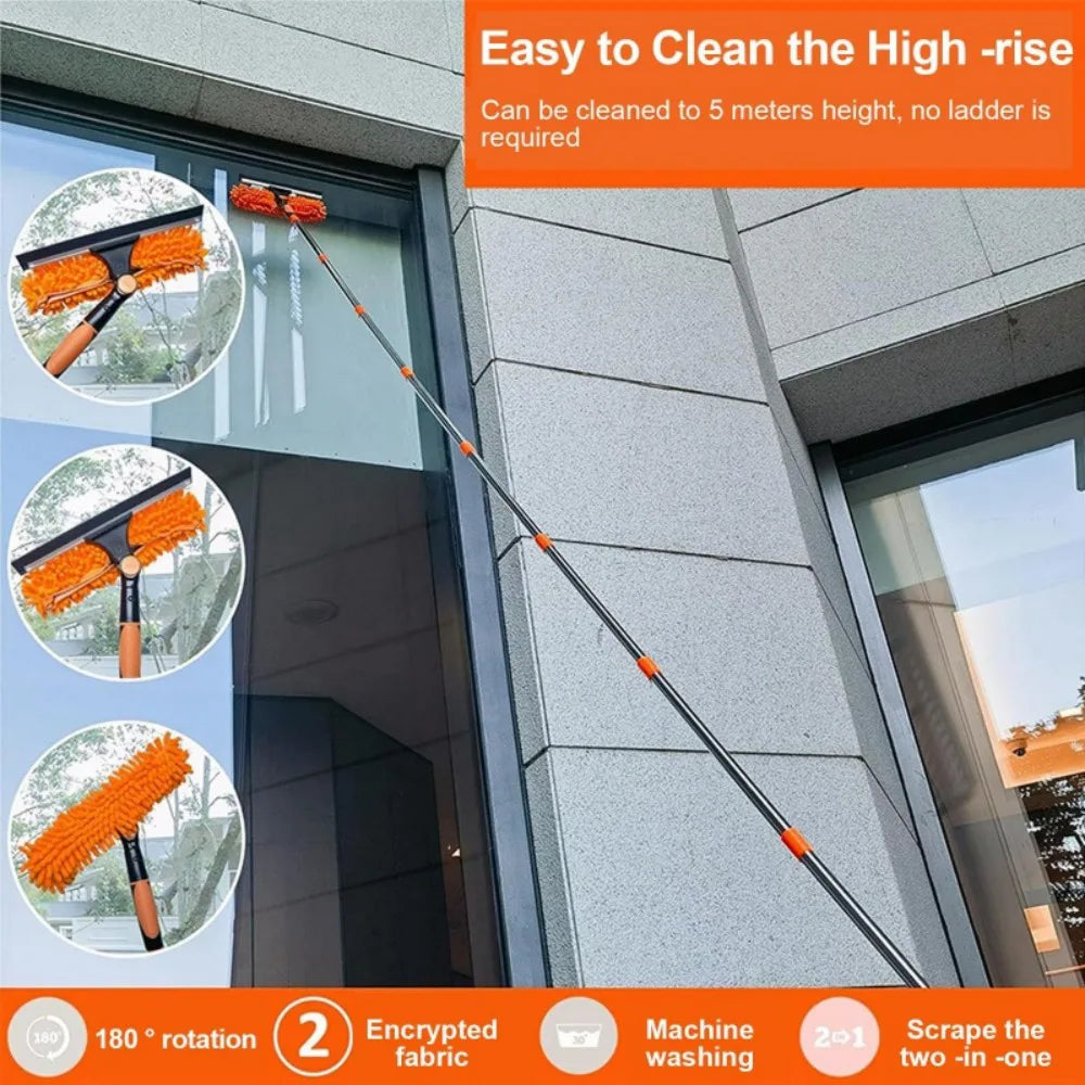 4.5m 15ft Telescopic Window Cleaning Brush Kit Extending Wash Head Squeegee High