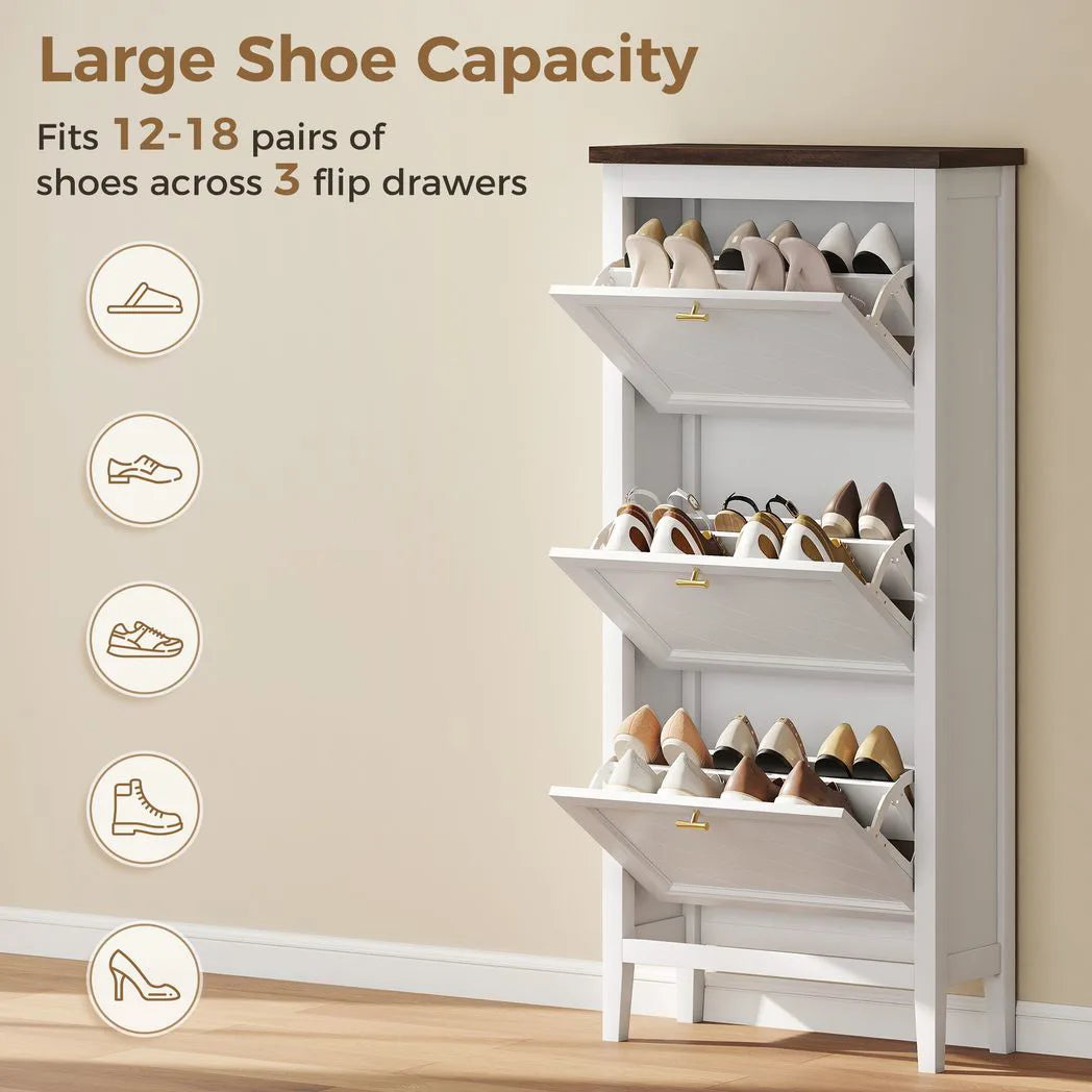 HOMCOM Shoe Cabinet with 3 Flip Drawers, Farmhouse Narrow Shoe Storage Cabinet with Adjustable Shelves, White