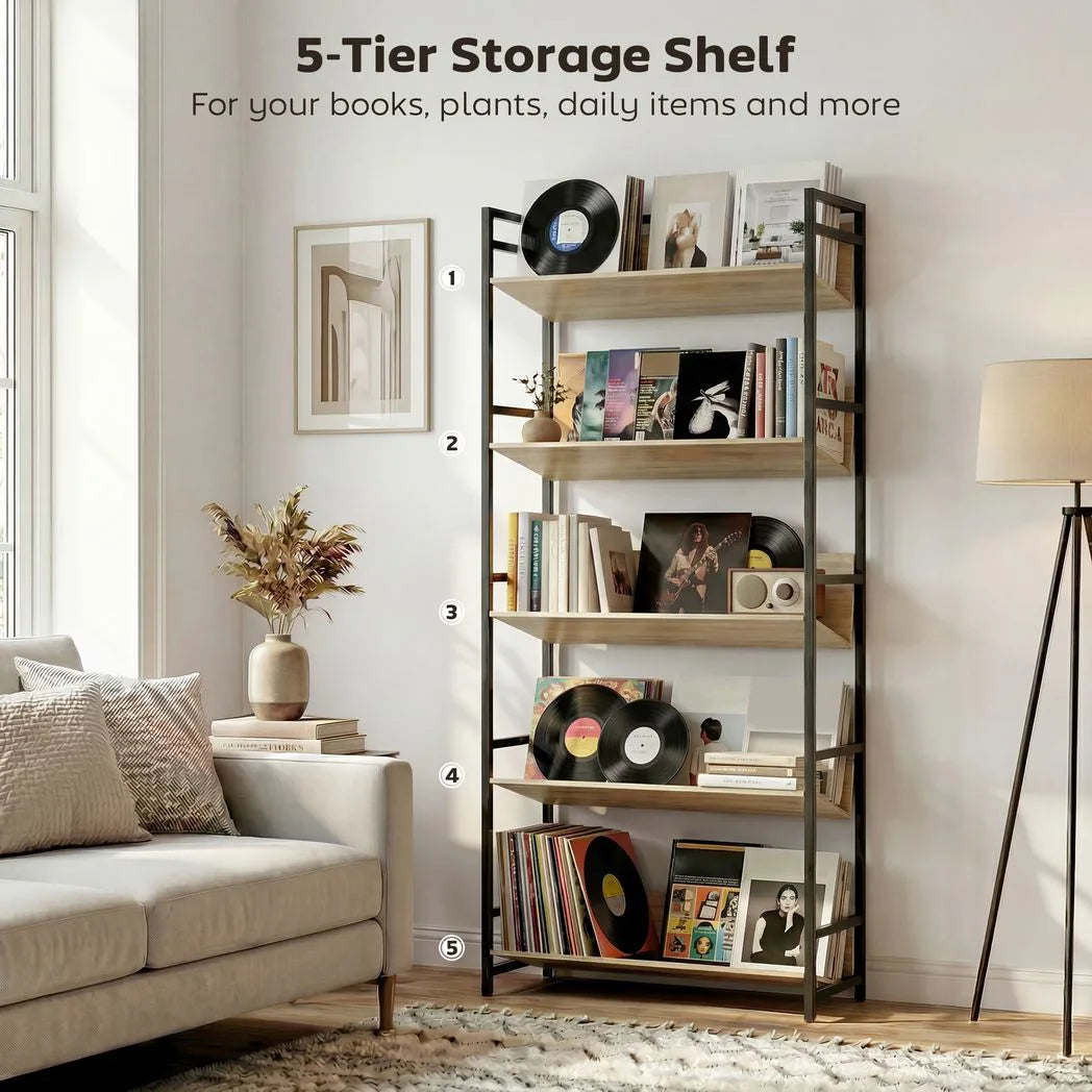 HOMCOM Bookshelf 5-Tier Metal Frame Bookcase Storage Shelves for Living Room Oak