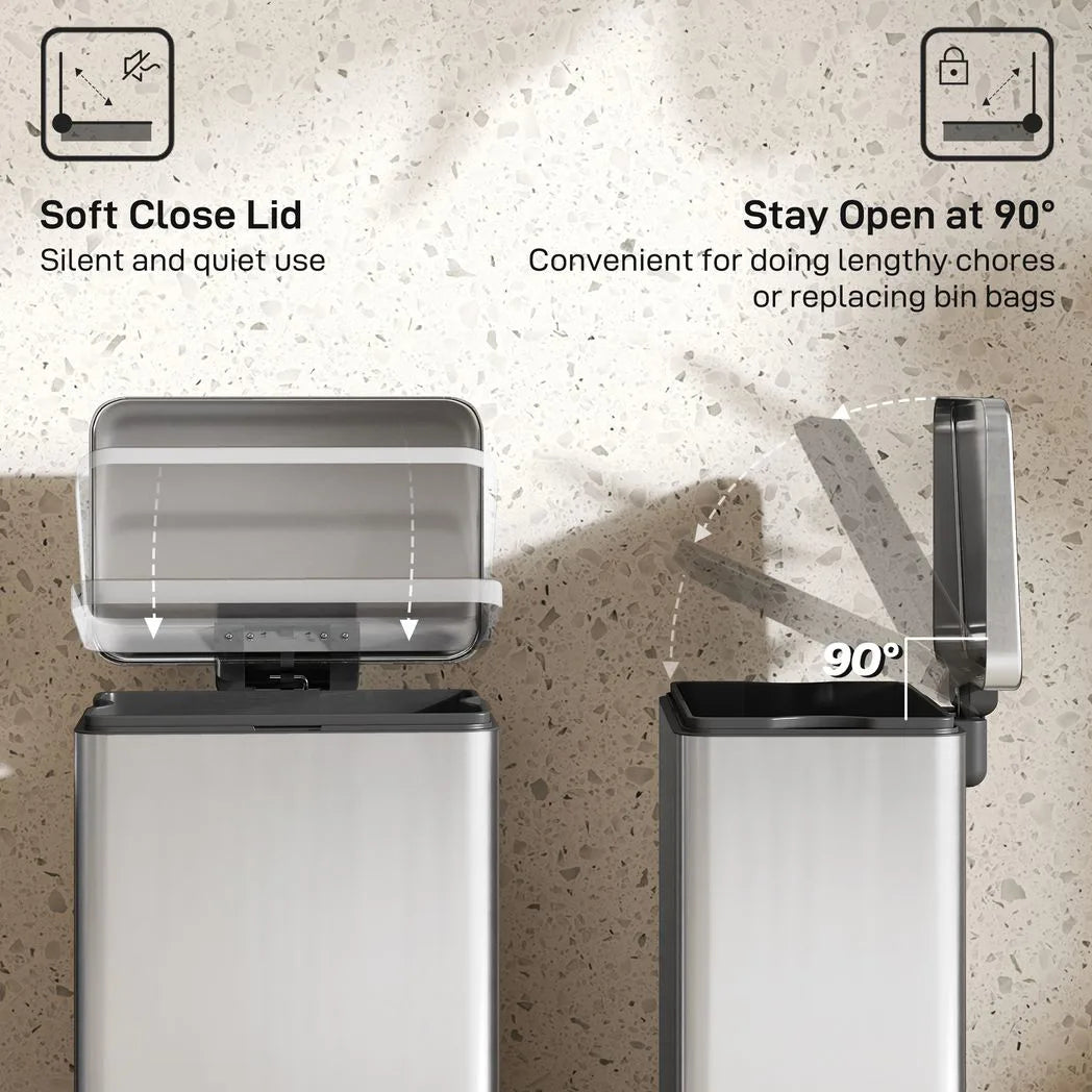 HOMCOM 20L Kitchen Bin with Soft-Close Lid and Stay-Open Function, Stainless Steel Pedal Bin with Removable Inner Bucket for Kitchen, Office, Home, Silver Tone