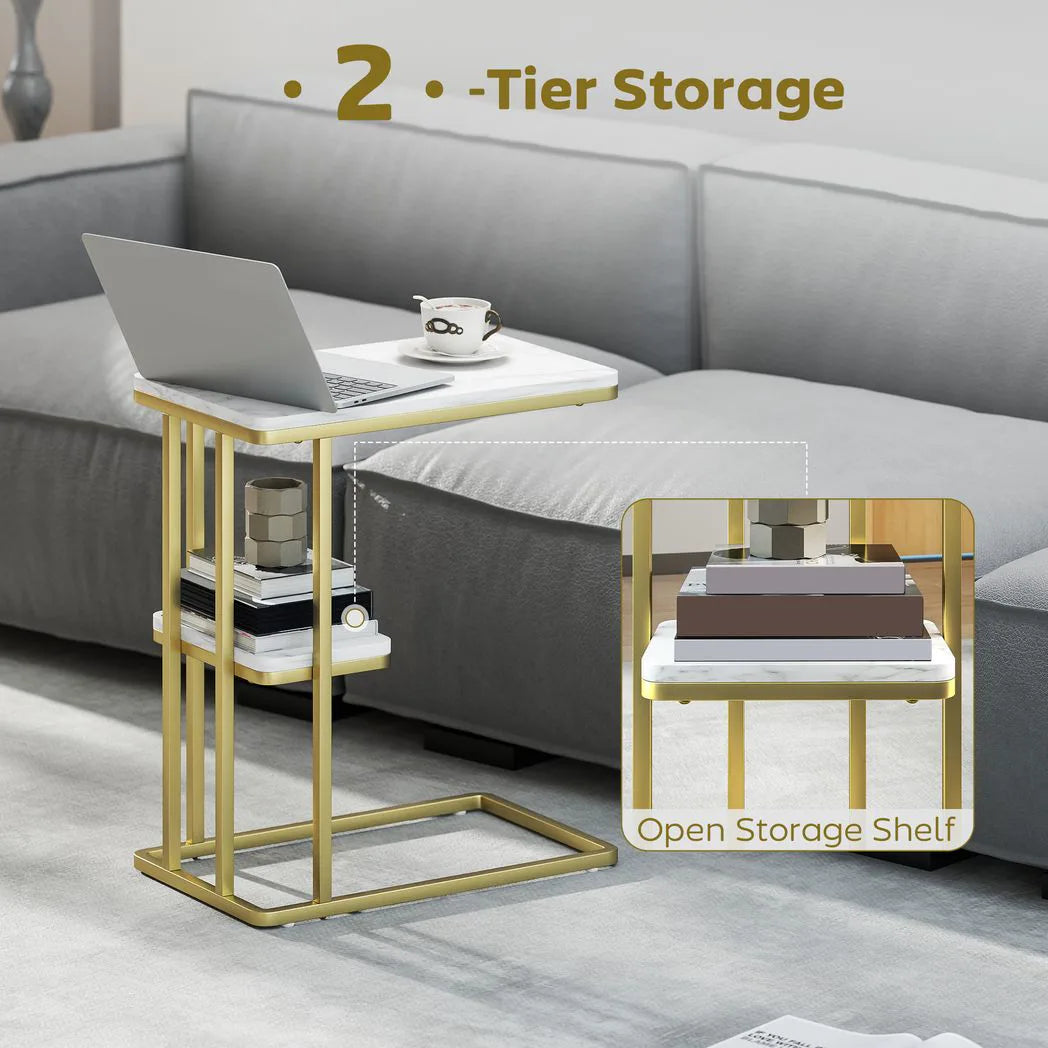 HOMCOM C-Shaped Narrow Side Table, 2-Tier Slim End Table, Nightstand for Small Spaces, Living Room, Bedroom, White Marble Grain