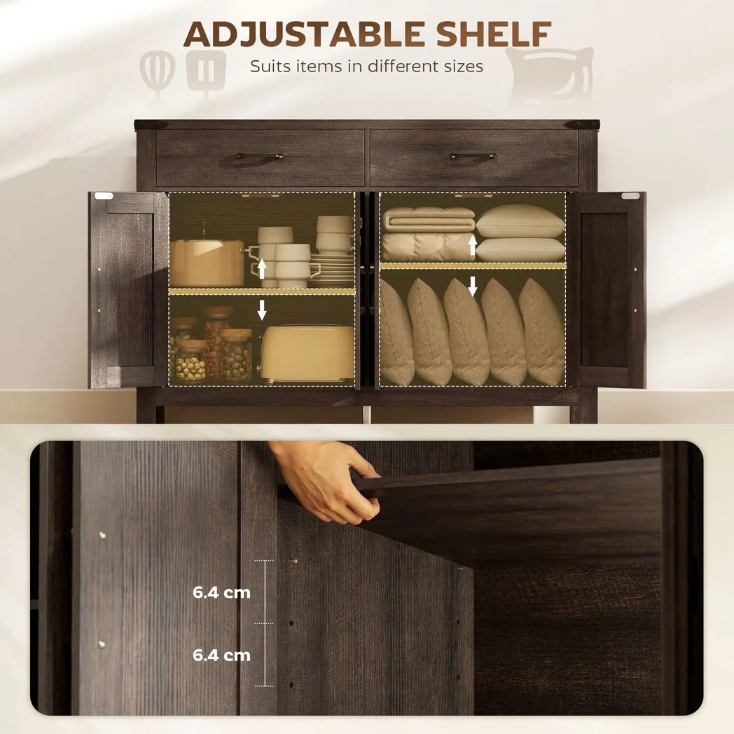 HOMCOM Kitchen Cupboard, Sideboard with 4 Doors, 2 Drawers and 2 Adjustable Shelves for Dining Room, Dark Brown