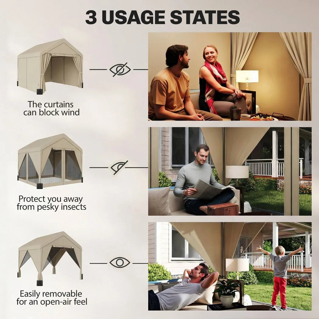 Outsunny 3 x 3 m Patio Gazebo with Netting & Curtains, Outdoor Canopy Shelter with Galvanised Steel Frame, Khaki