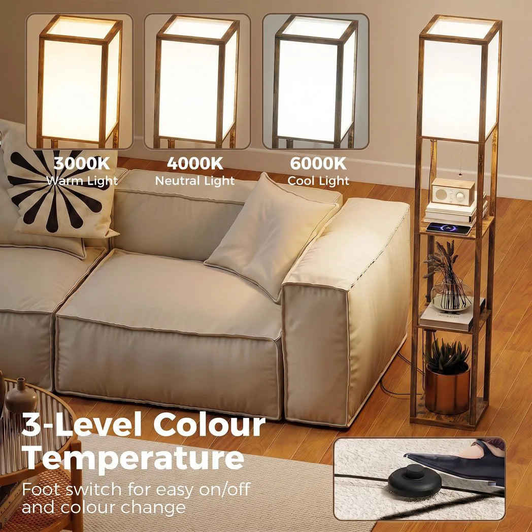 HOMCOM Floor Lamp with Shelves, 4 Layer Standing Lamp with USB Ports, 3 Colour Temperature, Rustic Brown