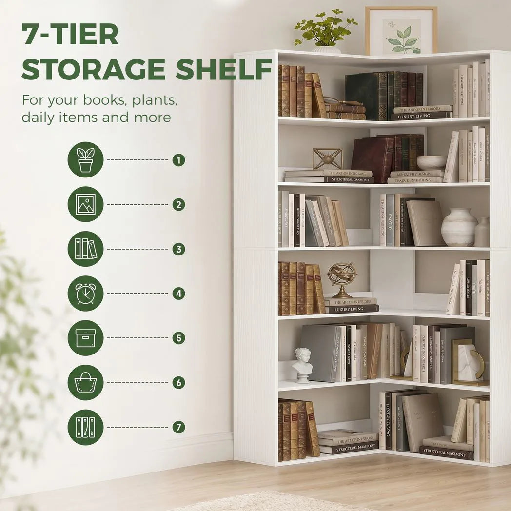 HOMCOM 7 Tiers Bookshelf, L-Shaped Corner Bookcase with Anti-Slip Rear Guard, White Wood Effect