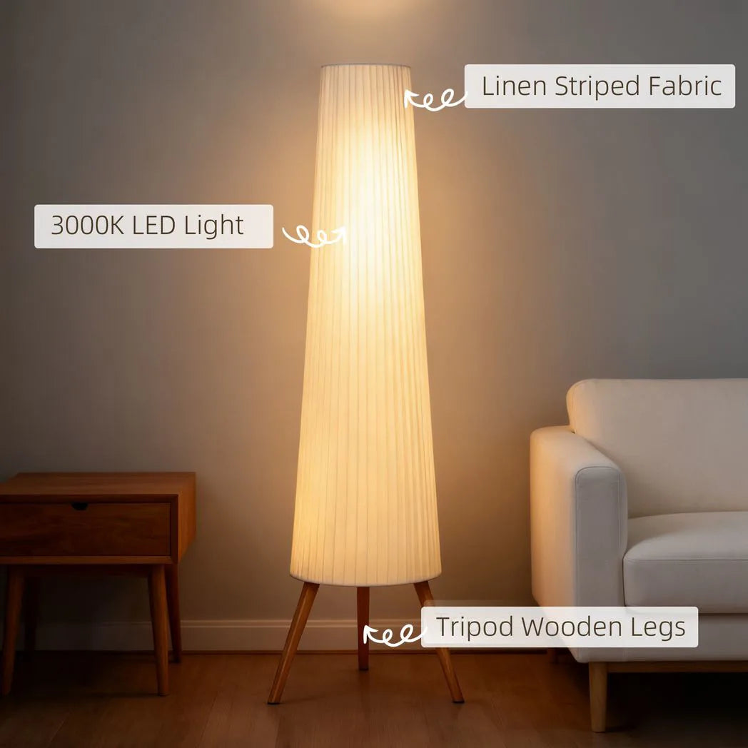 HOMCOM Dimmable Tripod Floor Lamp with Foot Switch, Nordic Standing Lamp with Fabric Shade, 153cm, White, White and Natural