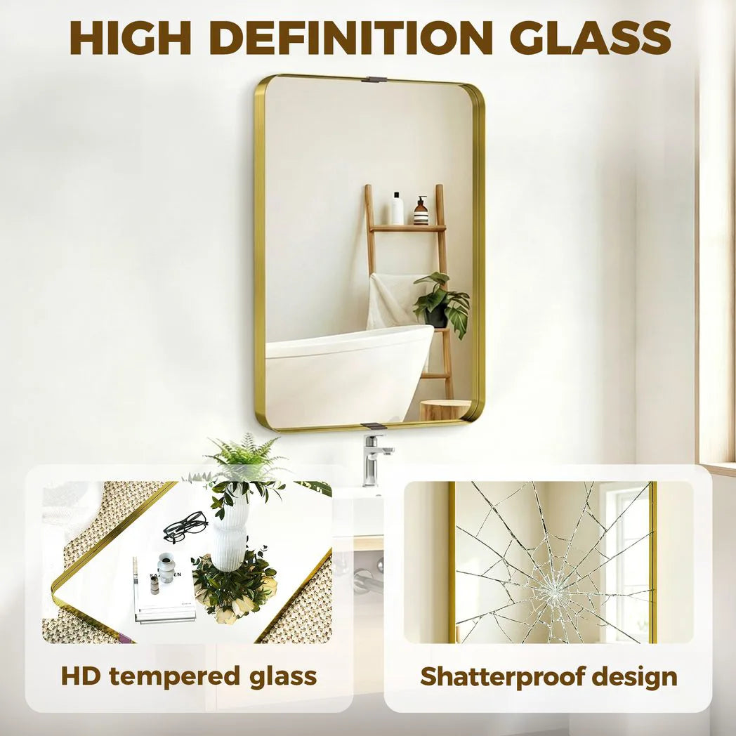 HOMCOM Rectangular Wall Mirror, 90 x 60 cm Wall Mounted Bathroom Mirror w/ Aluminium Alloy Frame and Tempered Glass, Gold Tone