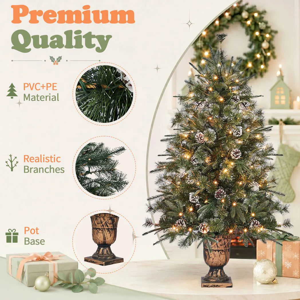 Green Pre-Lit Christmas Tree 4ft, 100 Warm White LED, 200 Branch Tips PVC+PE, 8 Light Modes with Remote, UK Plug 30V
