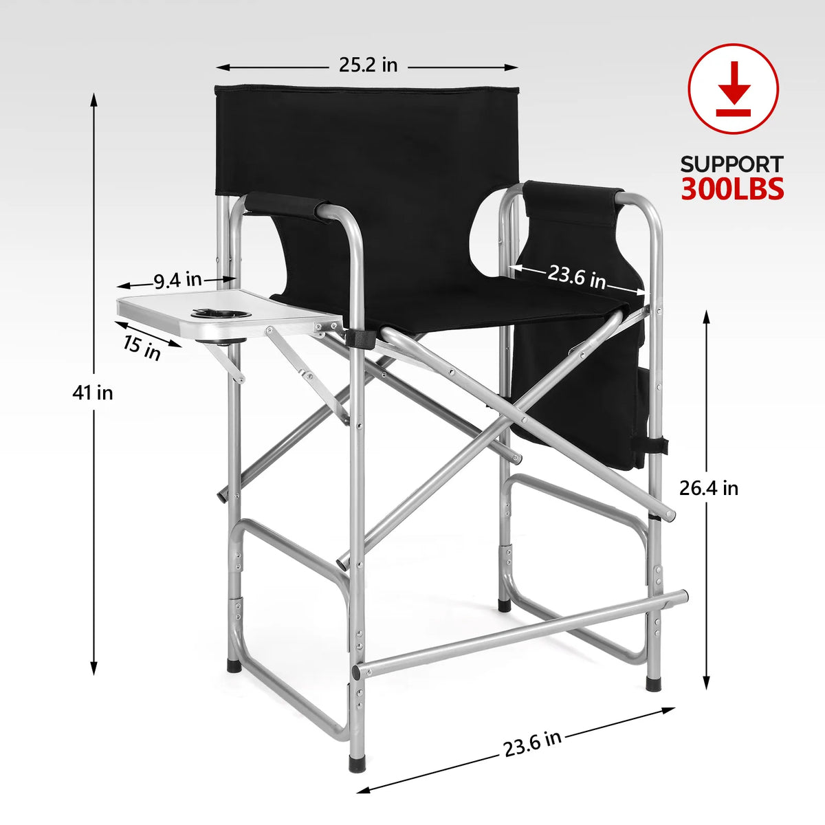 Folding Director Chair with Side Table & Storage Pockets, 41"×23.6"×26.4" Heavy Duty Spray-Coated Metal Frame Makeup Artist Chair, Portable Tall Folding Camping Chair, Supports 300 LBS, Black Oxford Fabric, No Carry Bag  >