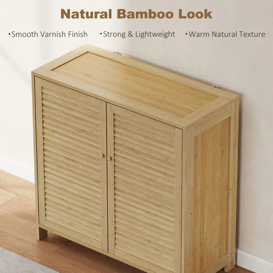 HOMCOM Bamboo Shoe Cabinet with Louvered Doors, 14 Pairs Shoe Storage Cabinet with Adjustable Shelves for Hallway, Natural