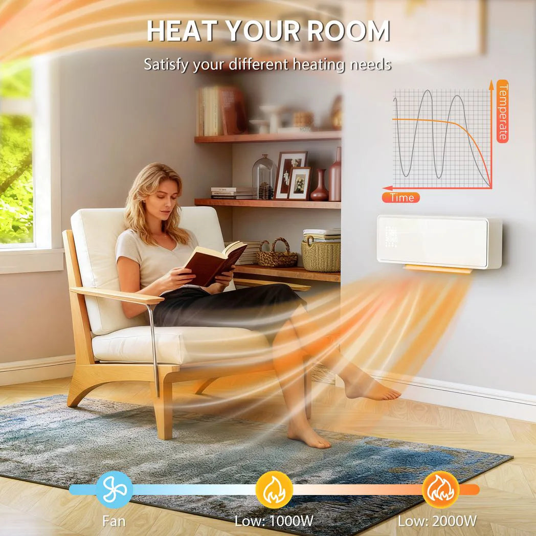 HOMCOM 2000W Ceramic Electric Heater with Fan, Adjustable Thermostat, Wall Mounted - White