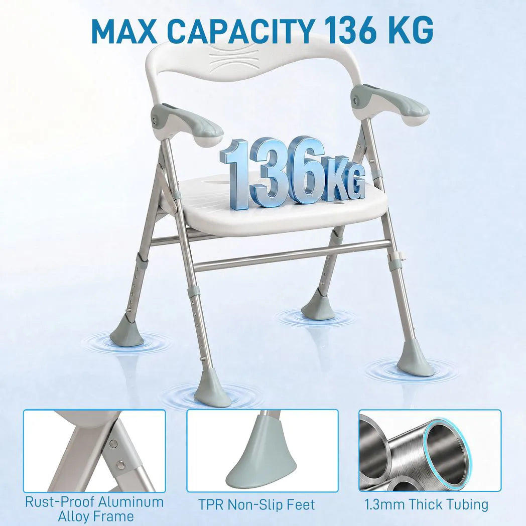 HOMCOM Foldable Shower Chair with Flip-Up Armrests, Shower Stool with Adjustable Height, Tool-Free Assembly, 136 kg