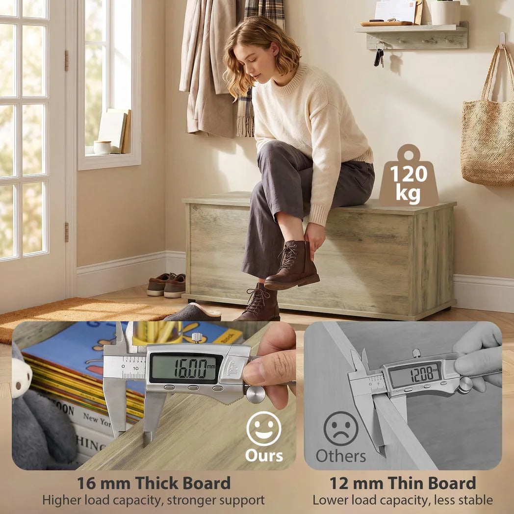 HOMCOM Large 114L Storage Chest Grey Wood Bench Trunk with Safety Lid for Bedroom Hallway and Living Room 100 x 40 x 40cm