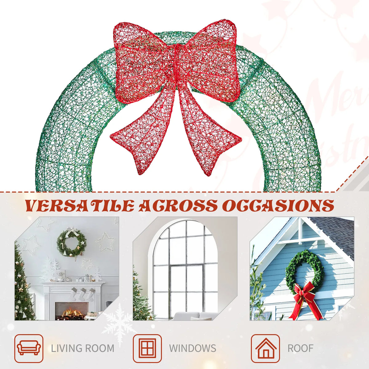 36in Pre-lit Outdoor Christmas Wreath Decoration, Lighted Metal Wreath with Red Bow, Remote Control LED Lights with Timer, for Front Door Gate Wall Indoor Outdoor Holiday Party