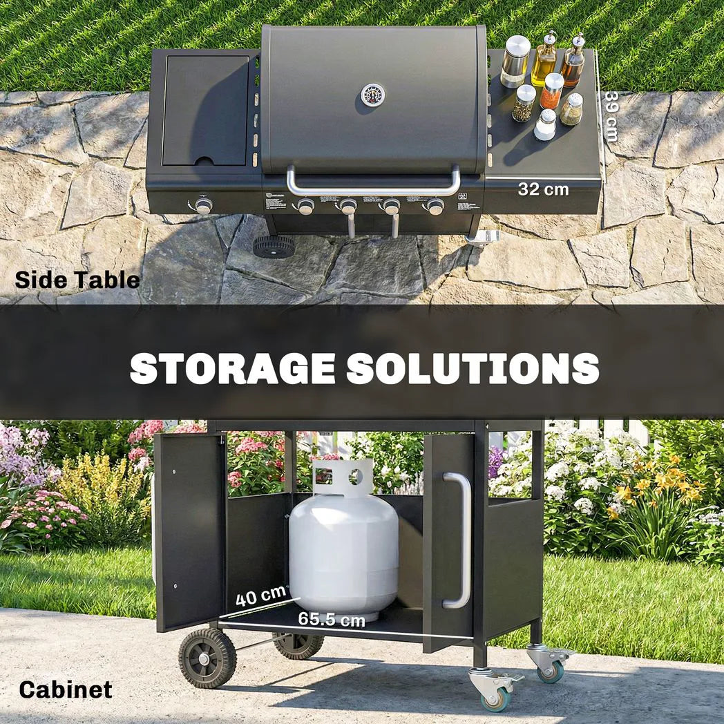 Outsunny 4 Burner Gas BBQ Grill with Storage Cabinet, 15.2 kW Gas Barbecue Trolley with Side Table, 4 Wheels, Warming Rack