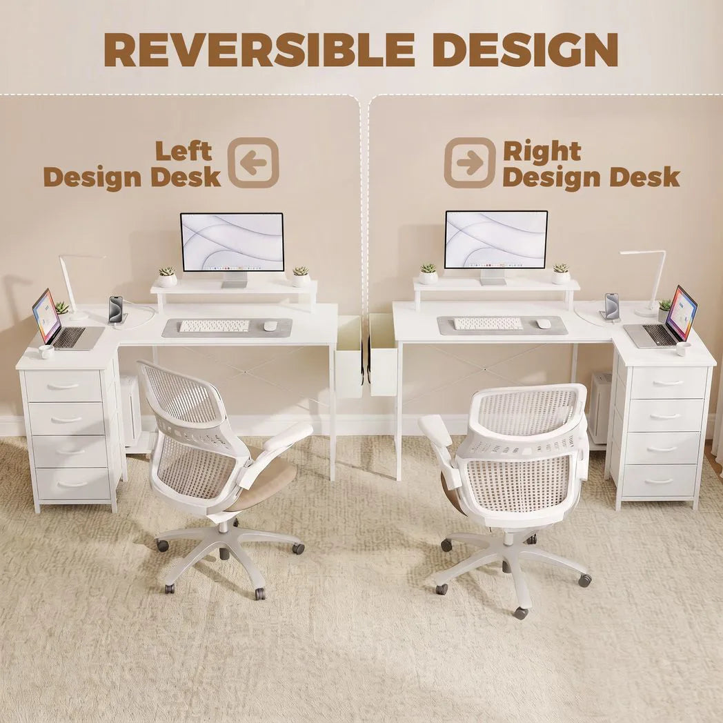 HOMCOM L Shaped Gaming Desk Reversible Power Outlets Corner Desk Storage Drawers Monitor Shelf 150 cm White