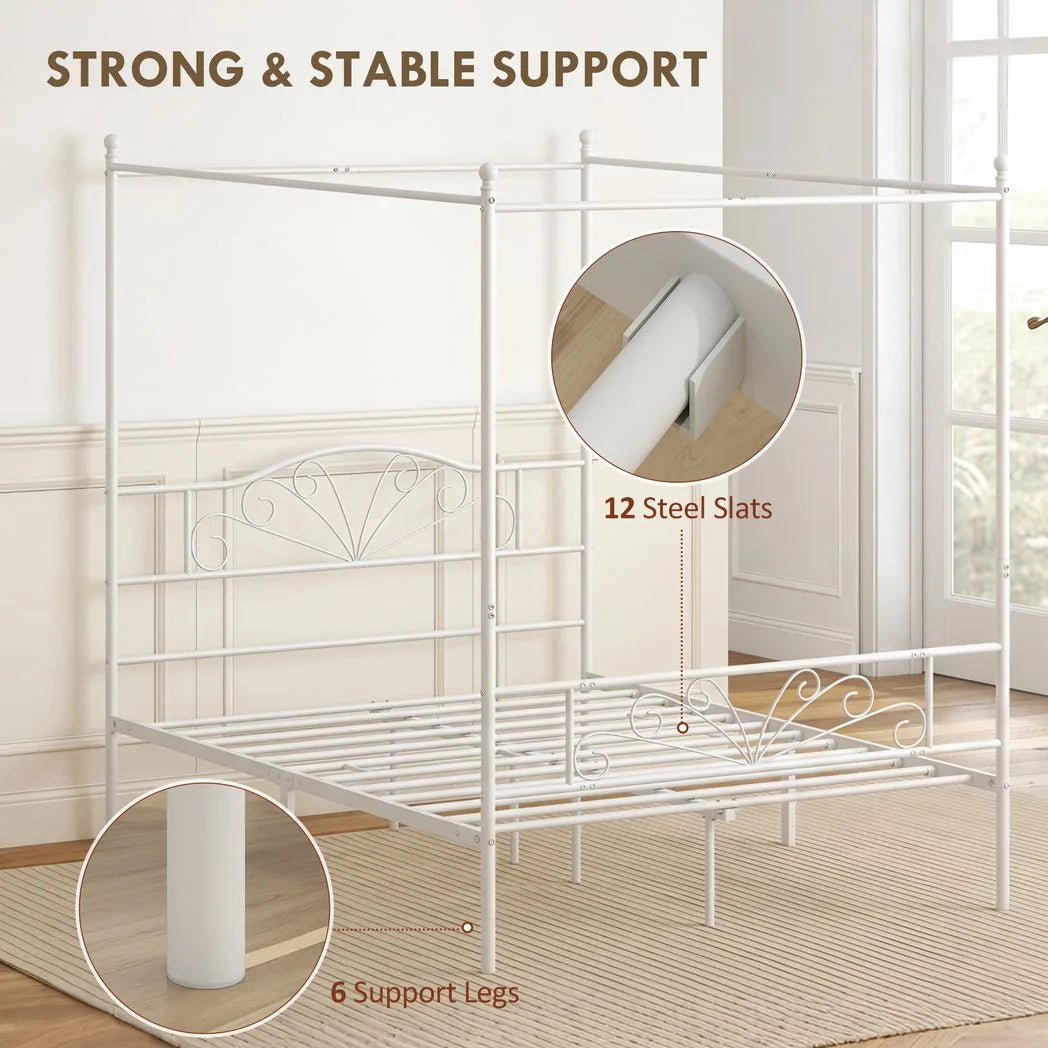 HOMCOM Canopy Bed Frame King Size, Metal Platform Bed Frame with Headboard and Footboard, Underbed Storage, White