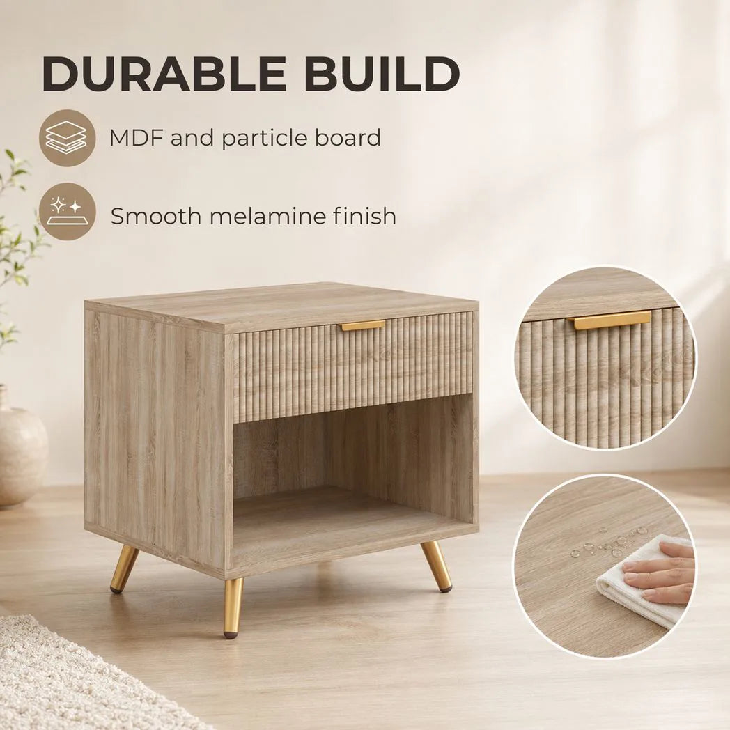 HOMCOM Bedside Table with Drawer and Open Compartment, Nightstand with Handle for Bedroom, Living Room, Natural Wood Finish