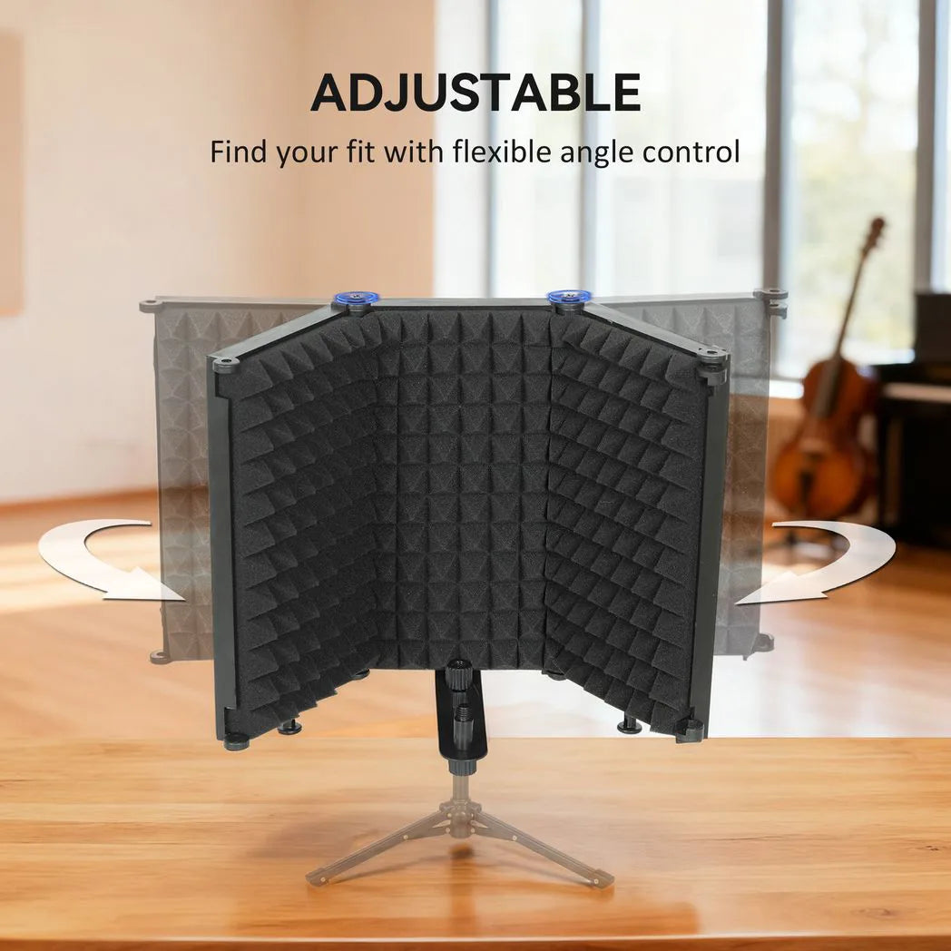 HOMCOM Studio Microphone Isolation Shield, Foldable Adjustable Recording Studio Equipment, 3-Panel High Density Absorbent Foam Shield with 3/8" Threaded Mount, Black